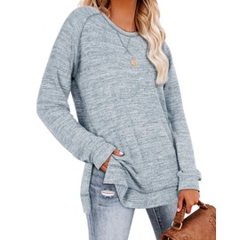 Aokosor Womens Tops for Leggings 2024 Long Sleeve Shirts Casual Loose Sweaters Oversized Blue L