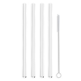 Hummingbird Glass Straws Clear Straight 9" x 9.5 mm Made With Pride In The USA - Perfect Reusable Straw For Smoothies, Tea, Juice, Water, Essential Oils - 4 Pack With Cleaning Brush