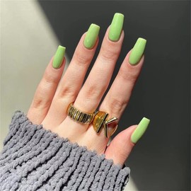 Meranti Colors Press On False Nails Medium Length Square Full Cover Acrylic Fake Nails Removable Summer Fashion Ballerina Nails for Nail Salons and Home DIY Nail Art 24 PCS (JP2078 Grass Green)