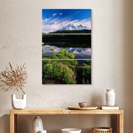 ElephantStock - Mt. Rainier Spring Meadows Wall Art - Vertical Multi Panel Canvas - 3 Piece Living Room Wall Decor - Photography Nature Multi Piece Wall Art - Blue And Green Decor - 24" x 38"