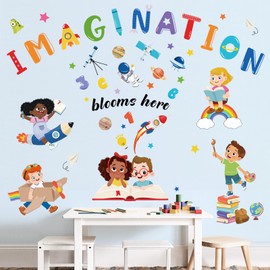 wondever Kids Inspirational Quotes Wall Decals Imagination Blooms Here Reading Corner Education Peel and Stick Wall Art Stickers for School Classroom Kids Room Daycare Wall Decor