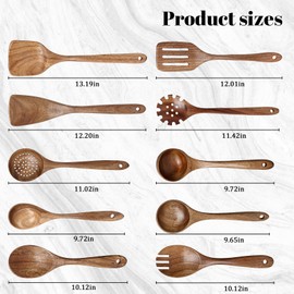 HAKSEN 10PCS Wooden Cooking Utensils, Natural Acacia Wood Kitchen Utensils Wooden Spatulas for Serving Stirring Cooking Mixing