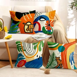 Joymaison Boho Floral Geometric Cushion Covers 45 x 45 Pack of 4 Abstract Modern Orange Aesthetic Floral Square Throw Pillow Case Decorative Sofa Cushion with Invisible Zipper
