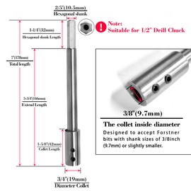 ASNOMY 7 Inch Extra Long Ship Auger Extension Forstner Bit Extension Accepts 3/8" Shank, Ship Auger Forstner Drill Bit Extension Accepts 3/8" Shank, 2/5" Hex Drive