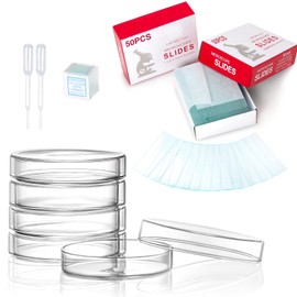 50 Pcs Blank Microscope Slides, 100 Pcs 20x20mm Square Cover Glass, 5 Pcs 60mm Diax15mm Deep Lab Petri Plate Dish with Lid and 10 Test Pipette Droppers