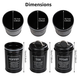 ZOFUN 3 Pcs Tea Coffee Sugar Canisters, 10 x 18 cm Black Tea Coffee Suagr Canisters with Airtight Lids, Galvanised Iron Tea Coffee Sugar Canister Set for Tea Coffee Sugar Storage in Kitchen