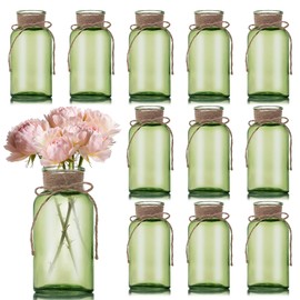Green Glass Flower Vases for Centerpieces Set of 12, Mason Jars Boho Cylinder Bud Vases in Bulk, for Weddings Parties Vintage Home Decor