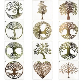 Tree Stencils, 12 Pcs Stencils for Crafts Reusable Tree of Life Stencils for Painting with Round Ring Natural Plants Stencil for Painting DIY Art Crafts Scrapbook Wall Décor