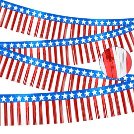 SEPGLITTER 4th of July Decorations 49ft Red White and Blue Tinsel Foil Fringe Garland Patriotic Parade Float Star Hanging Backdrop Banner Table Skirts for Memorial Day Independence Day