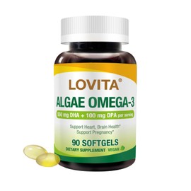 Lovita Algae Omega-3, Vegan and Plant-Based DHA & DPA, Fish Oil Alternative, 1000mg Algae Oil, Support Heart and Brain Health, Carrageen-Free, 90 Softgels