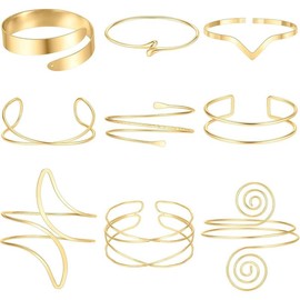 9 Arm Cuff Gold Silver Upper Arm Cuff Bracelet for Women Minimalist Upper Arm Cuff Bangle Adjustable Armband Jewelry Set - Color: B:Gold