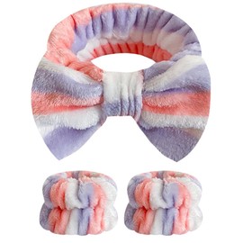Wrahonbi 3PCS Spa Headband with Wristband Set,Makeup Headband, Bow Headband for Washing Face, Teen Girls Fuzzy Skincare Headbands, Hair Bands for Women Purple Pink