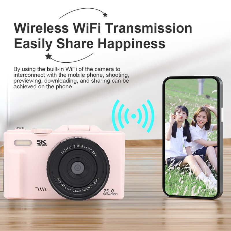 5K Digital Camera, WiFi 75MP Vlogging Camera, Compact Portable Autofocus