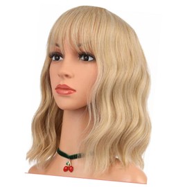Peluca Rizada Falsa Peluca de Pelo Ondulado Rizado Corto Transpirable Suave Sintético con Flequillo para Mujer Mujer (Luz de oro)