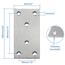 BokWin 4Pcs Stainless Steel Mending Plates, 100 x 50 x 2mm Heavy Duty Straight Metal Brace, Mending Flat Bracket Repair Plate with Screws for Wood, Furniture, Shelves, Cabinet（4x2inch