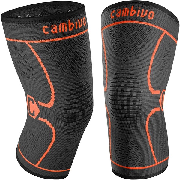 CAMBIVO 2 Pack Knee Brace, Knee Compression Sleeve for Men and Women, Knee Support for Running, Workout, Gym, Hiking, Sports (Orange,Large)