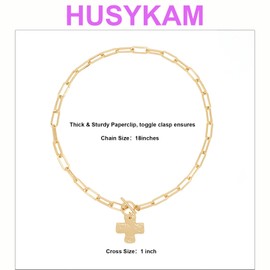 Husykam Gold Chunky Cross Necklace for Women - Statement Layered Hammered Cross Pendant Jewelry with Vintage Toggle Clasp, Bold Paperclip Chain Necklace Gift for Her (Gold)