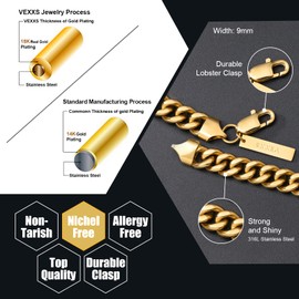 VEXXS Men's Gold Chain, 18K Real Gold Plated Miami Cuban Link Chain, Durable No Color Fading 6mm 9mm Men’s Necklace Chain Urban Fashion Street Wear