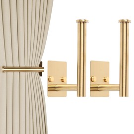 OCIOLI 2 Pack No Drill Curtain Holdbacks - Self-Adhesive/Screw-in Metal Curtain Tie Backs with Rustproof SUS304 Steel, Wall Mount Drapery Hooks, Damage-Free Installation for All Curtains (2, Gold)