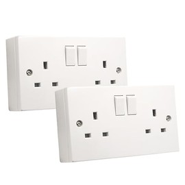 SHPELEC® Square Edge White 13A 2 Gang Switched Socket with 25mm Surface Mount Pattress Box (2 PACK)