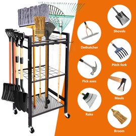 KIPHCA Garden Tool Organizer with Storage Hooks - Yard Tool Tower Rack for Garage Organization, Holds Up to 35 Long-Handled Tools, Heavy-Duty Metal Holder with 6 Adjustable Hooks, Black