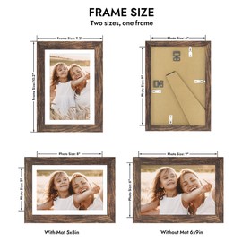 Hongkee 6x9 Picture Frame with Glass, Display Pictures 5x8 with Mat or 6 x 9 without Mat - Wall and Tabletop, 6 by 9 Photo Wooden Frames (Rustic Brown, 1 Pack)