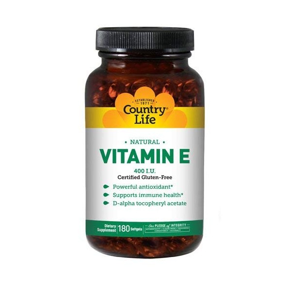 Country Life Natural Vitamin E, 268mg (400 IU), Supports Immune Health, 180 Softgels, Certified Gluten Free