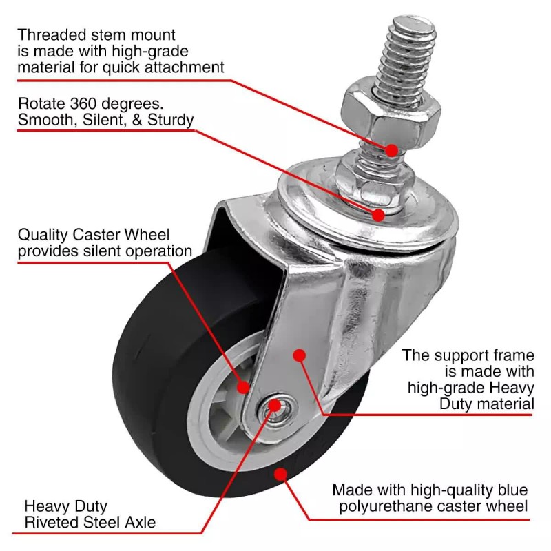 FactorDuty 8 Pack 2 Inch Stem Caster Swivel Black Polyurethane