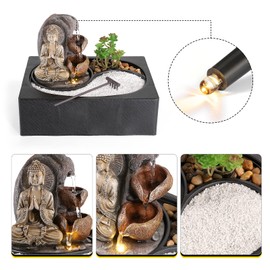 Dyna-Living Water Fountains Indoor Small Tabletop Water Fountain Waterfall Fountain with Zen Garden LED Warm Light Buddha Fountain Indoor for Home Zen Room Decor