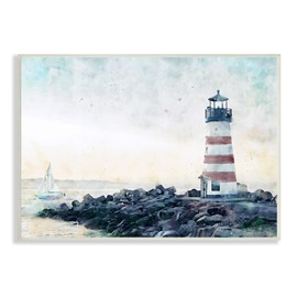 Stupell Industries Red Stripe Lighthouse Rocky Beach Coast Sailboat Waters Wall Plaque, 19 x 13, Blue