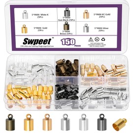 150Pcs 6 Color 5×9mm Brass Cord End Cap with Loop Ring Kit, Leather Ends Caps, Column End Cap Terminators, Leather Cords Ends Bead Cap for DIY Earrings Jewelry Making