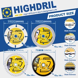 HIGHDRIL Circular Saw Blade Set 75 mm x Arbor 10 mm 4 Pieces - Diamond/HSS/Carbide Cutting Disc for Angle Grinder Cutting Metal Tiles Marble Granite Plastic Concrete Wood