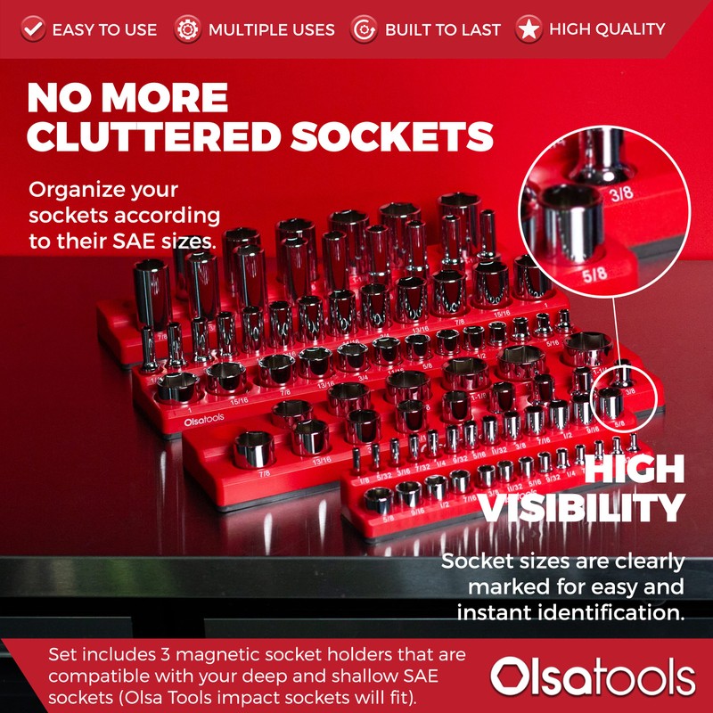 Olsa Tools Magnetic Socket Organizer - 3-Piece Drive SAE Socket