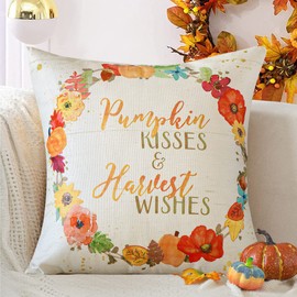 JOTOM Fall Cushion Covers 45x45cm Autumn Harvest Pumpkin Wreath Maple Leaf Outdoor Throw Pillow Covers 18x18 Inch Farmhouse Thanksgiving Decorative Pillowcases for Couch Sofa Home Car Decor (Wreath)