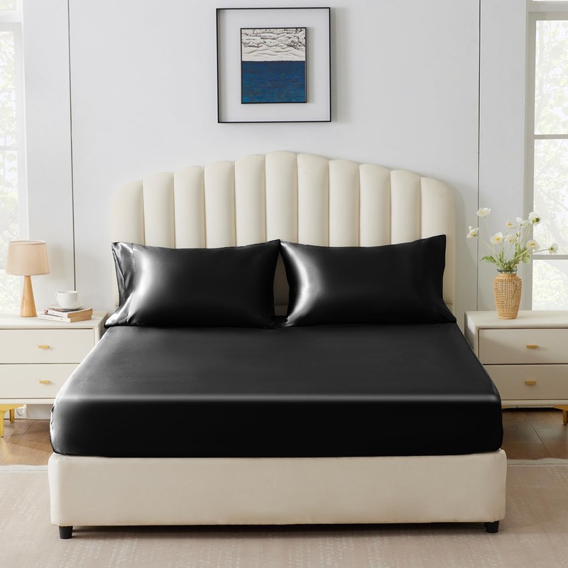 CozyLux Satin Fitted Sheet King Size, Black Silky Satin Bed