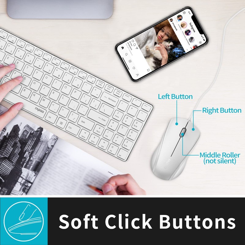 Rapoo N1600 3-Button Quiet Wired Mouse, 1000DPI Optical Mouse, Quiet