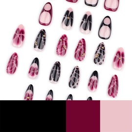 24 Pcs Almond Press on Nails Short Fake Nails Black French Tip False Nails Glossy Design French Leopard Print Glue on Nails with Rhinestones Reusable Full Cover Stick on Nails for Women Manicure