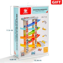 TOP BRIGHT Wooden Car Ramp Race Track Toy for Toddlers 1-4 Years, Montessori Educational Learning Toy for 2 Year Old Boys Girls Gifts with 6 Mini Cars