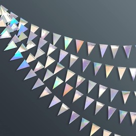 JEYE Iridescent Party Decorations Holographic Triangle Flag Banner Pennant Bunting Garland for Wedding Graduation Birthday Anniversary Baby Shower Decor Party Supplies Pack of 2, 20ft in Total