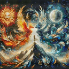 Meecaa Cross Stitch Kits 11 Count Stamped, Phoenix Sun Moon Girl Embroidery Kit with Accessories Pre Printed (36CMx36CM) (Phoenix)