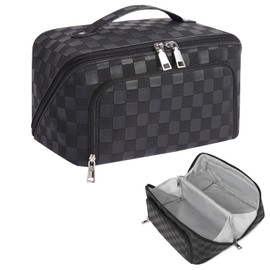 GERYUAEG Travel Makeup Bag, Large Capacity Cosmetic Bags for Women, Waterproof Lining and PU Leather Portable Pouch, Open Flat Toiletry Bag, Make up Organizer with Divider & Handle (Black)