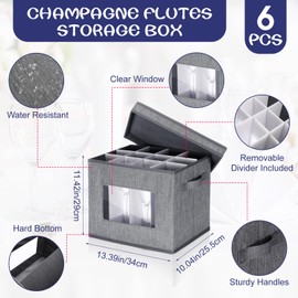 Uiifan 6 Pack Wine Glasses Storage Box with Dividers, 12 Compartments Stemware Storage Cases Champagne Flute Storage Box with Lid Handle Window China Storage Container Organizer for Moving (Gray)