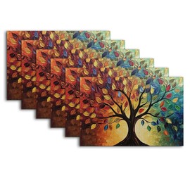 Tree of Life Placemats Set of 6,Vintage Washable Dining Table Mats for Kitchen Party Decorative Linen Table Mats 12 x 18 Inches