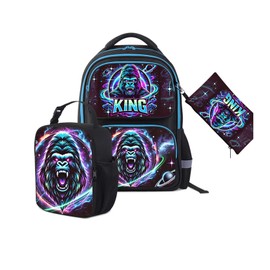 JukaZine King Gorilla Backpack Set for Boys Girls, Space Design Bookbag Combo with Lunch Box & Pencil Case, Adjustable Straps Bag for Back to School & Travel