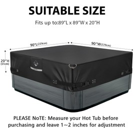 1000N Tearing Strength Hot Tub Cover Protector 90 x 90 inch fit 89 x 89 or 88 x 88 or 87 x 87 inch Square SPA, Hot Tub Covers Replacement-Black