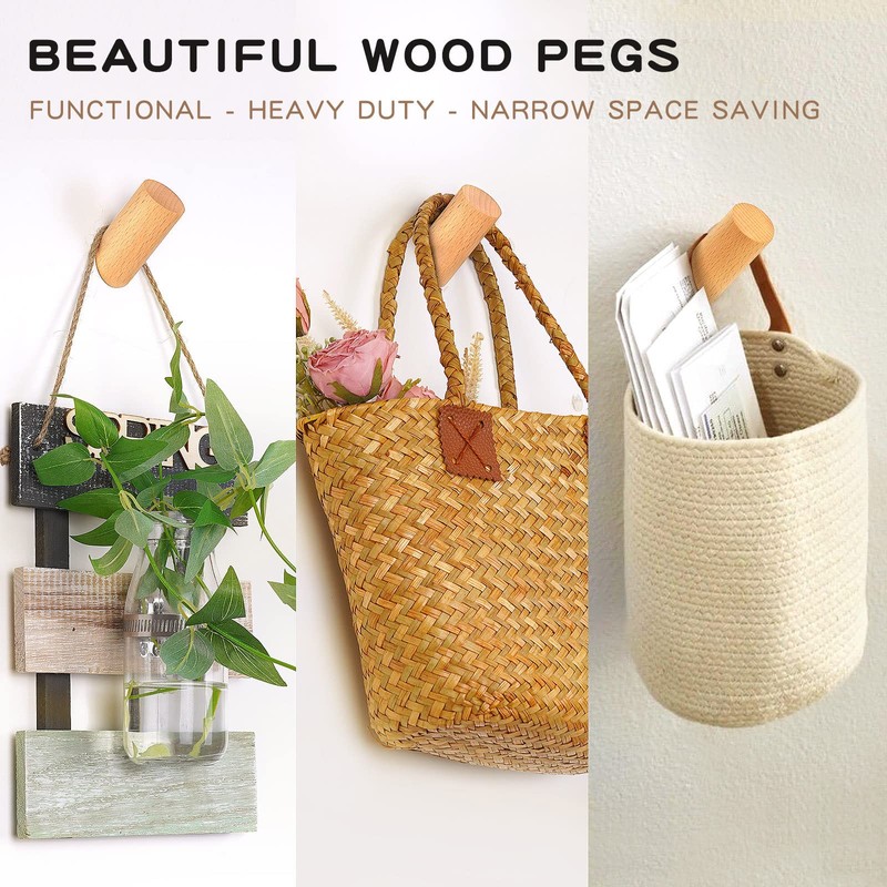 Felidio Wood Wall Hooks, 4 Pack Coat Hooks Mounted Rustic
