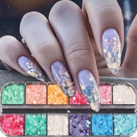 Irregular Nail Art Sequins, Mix Different Big Small 3D Colorful Irregular Laser Nail Glitter Flakes Design, 12Colors Glitter Sequins Nail Decorations Holographic Acrylic Manicure Supplies Accessories