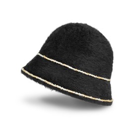 Dahlia Women's Winter Fuzzy Bucket Hat - Angora Wool w Faux Pearl Brooch, Black