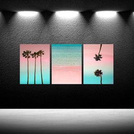 iKNOW FOTO 3 Piece Framed Canvas Wall Art - Palm Tree on Pink Beach Picture Giclee Prints, 12x16'' Each, Home Artwork Decoration for Living Room, Bedroom, Ready to Hang