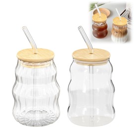 Mzario 2 PCS Ribbed Cute Glass Cups,18 Oz Iced Coffee Glasses with Lids and Straws Iced Coffee Cups Glass